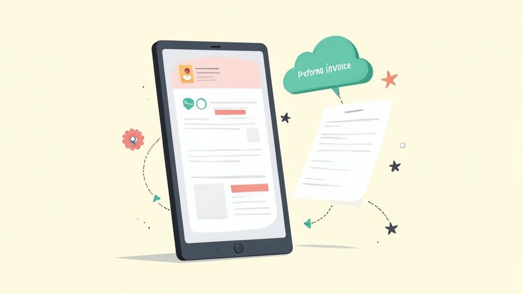 A tablet displays a digital document, with a cloud speech bubble stating 'Proforma invoice' and a floating paper.