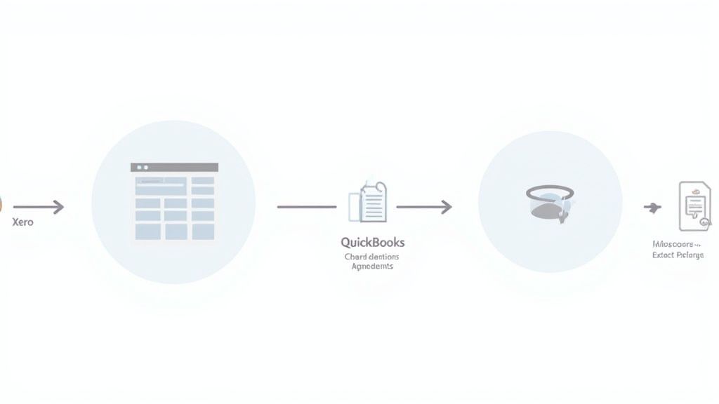 Workflow diagram illustrating data flow from Xero to QuickBooks for processing and extraction.