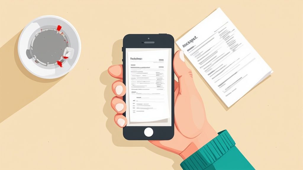 Overhead view of a hand holding a smartphone displaying a document, beside a paper and ashtray.