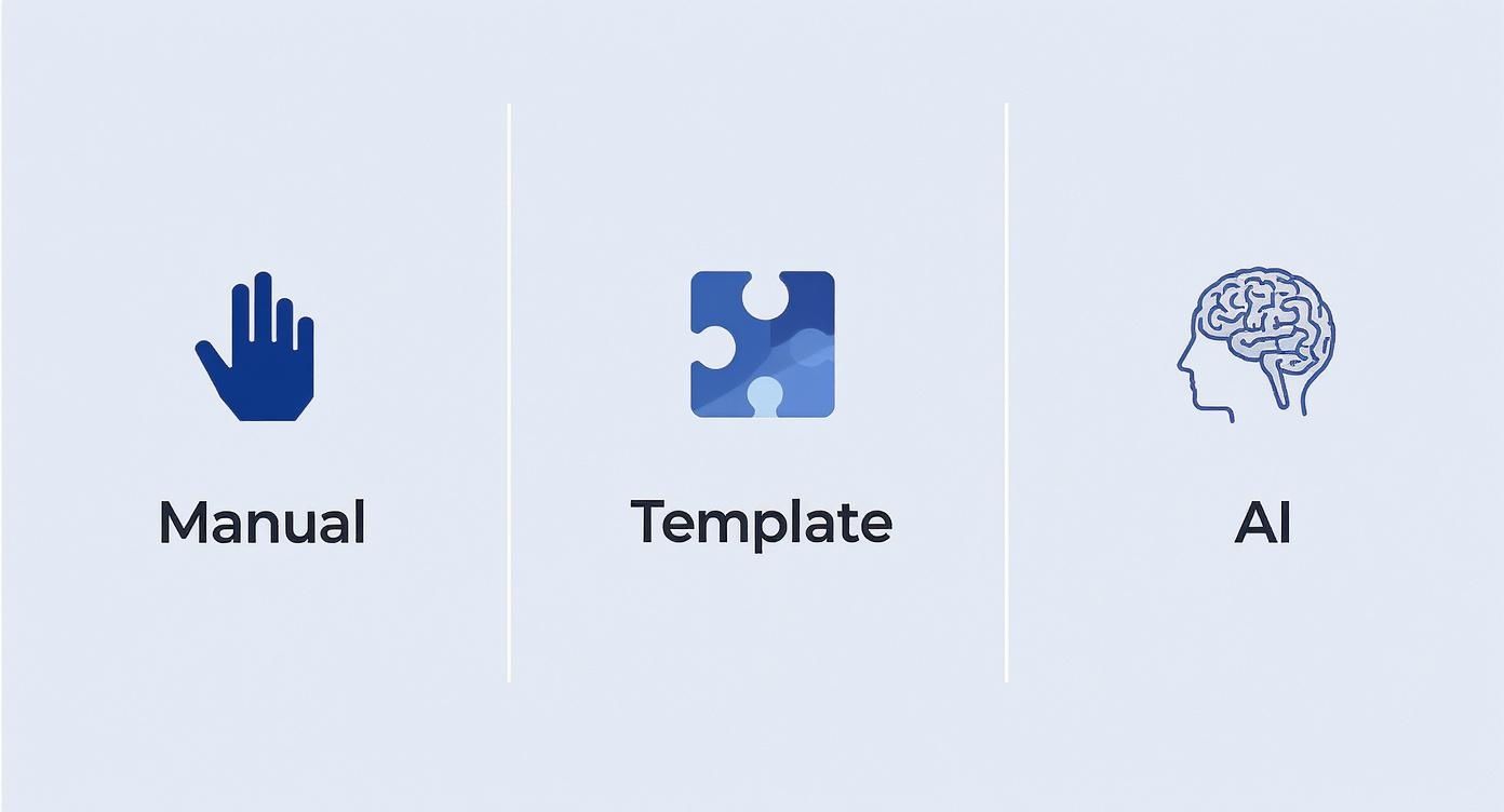 Infographic comparing manual, template-based, and AI-powered bank statement conversion methods.