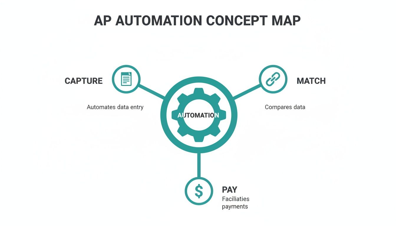 Concept map illustrating Accounts Payable (AP) automation stages: Capture, Match, and Pay, centered around an automation gear.