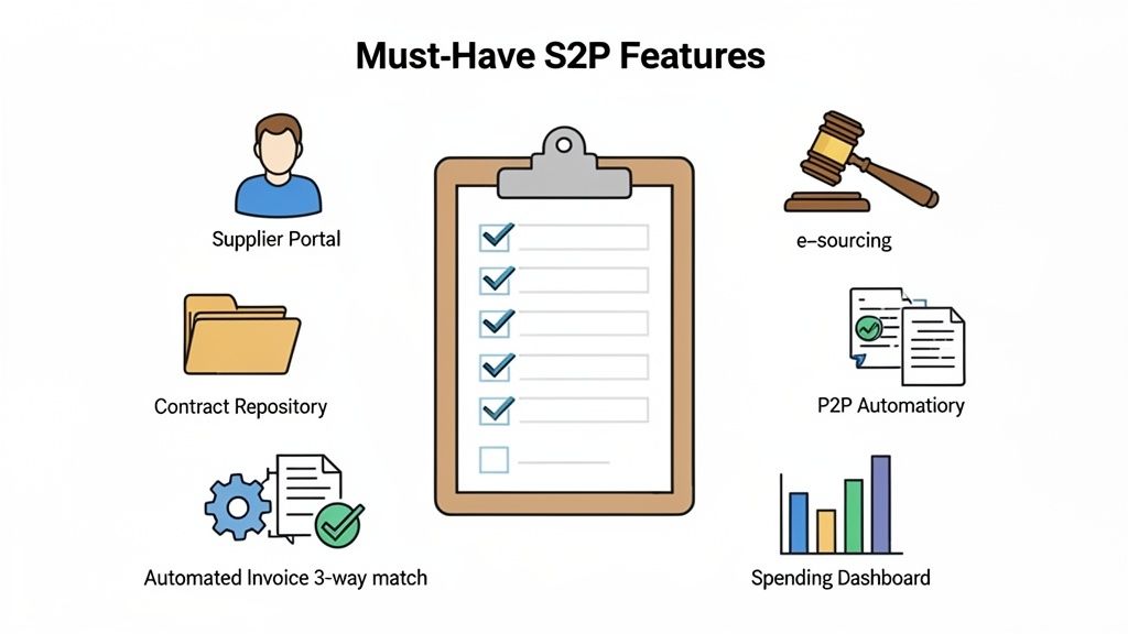 Illustration of must-have S2P features: supplier portal, e-sourcing, contract repository, and more.