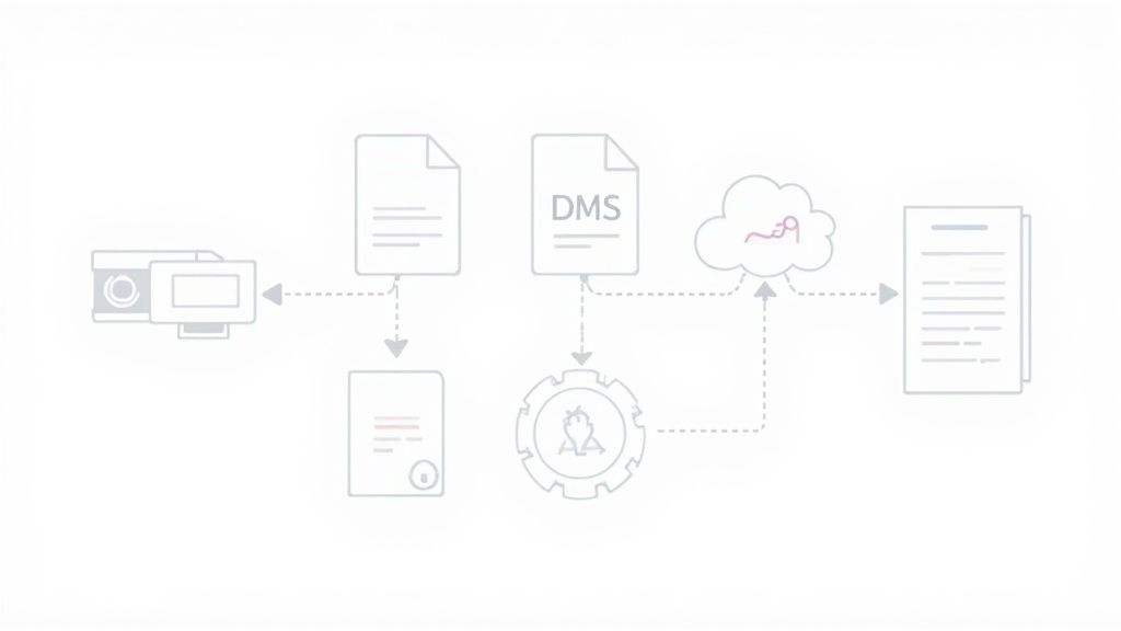 Workflow diagram showing document scanning, DMS integration, processing, and cloud data management.
