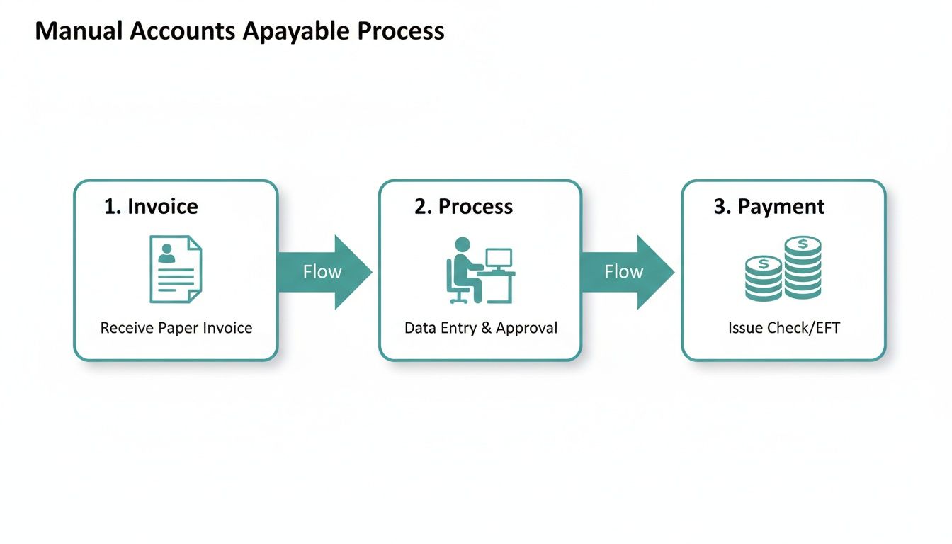 Flowchart illustrating the manual accounts payable process, from receiving paper invoices to payment.