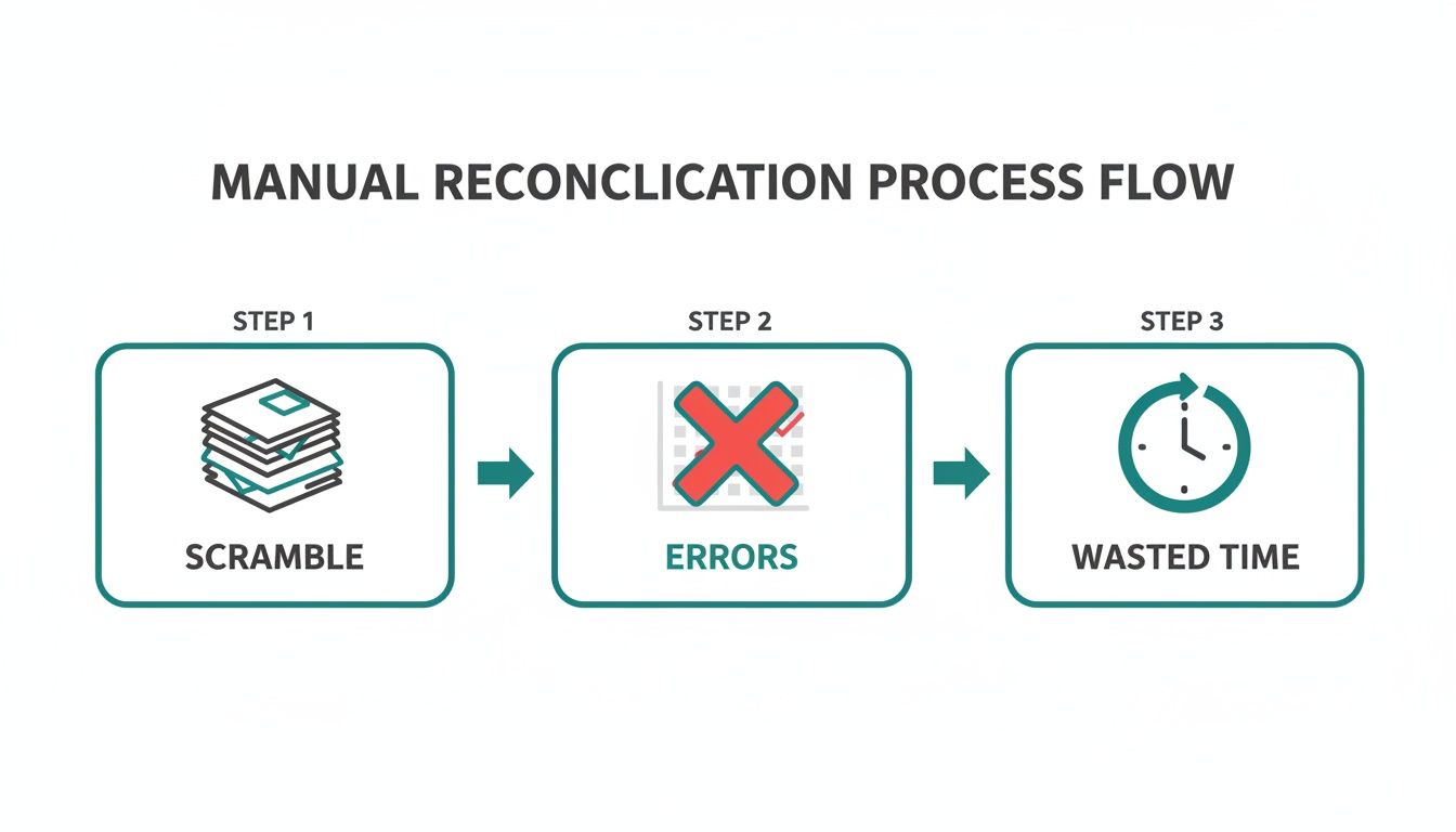 Flowchart illustrating the manual reconciliation process, showing scramble, errors, and wasted time.