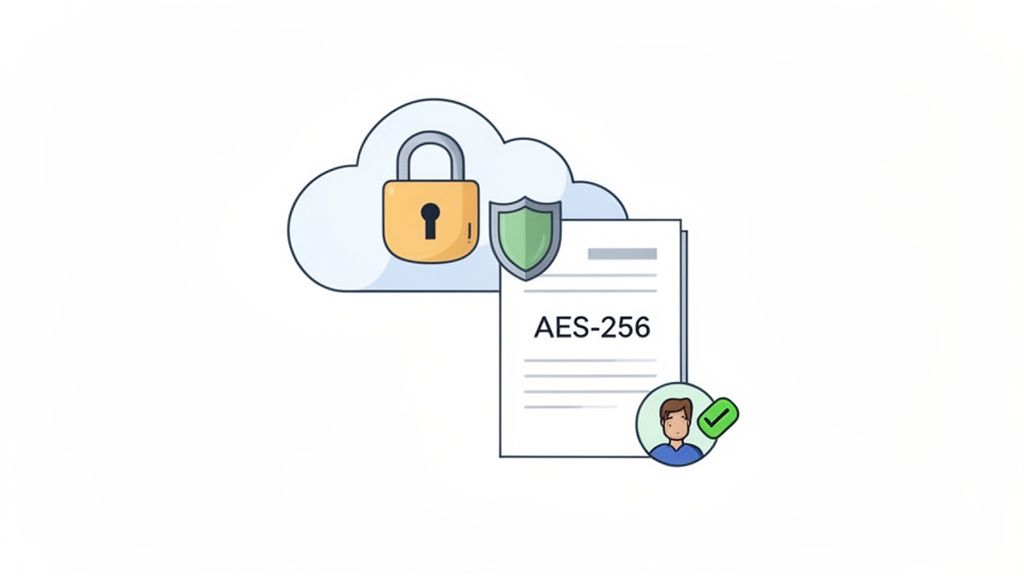 Cloud storage security with AES-256 encryption, a padlock, shield, and verified user.