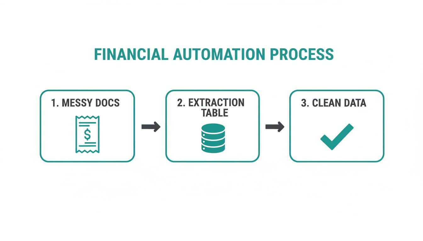A financial automation process showing messy documents leading to an extraction table and then clean data.
