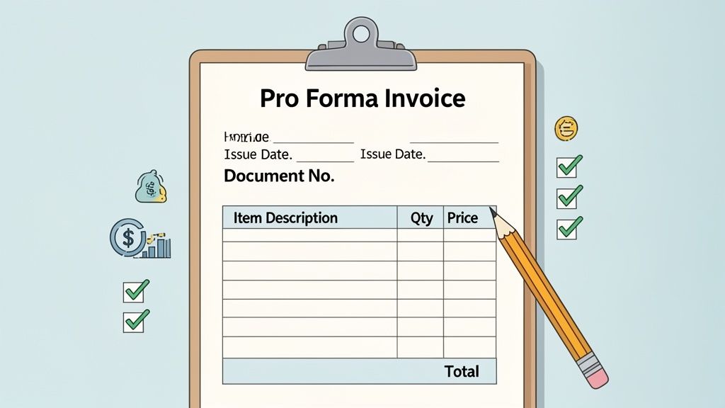 A 'Pro Forma Invoice' document on a clipboard, with a pencil and financial icons surrounding it.