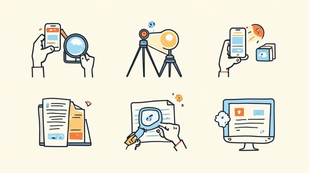 Illustrations of digital document scanning, searching, and analysis using phones, magnifying glass, and computer.
