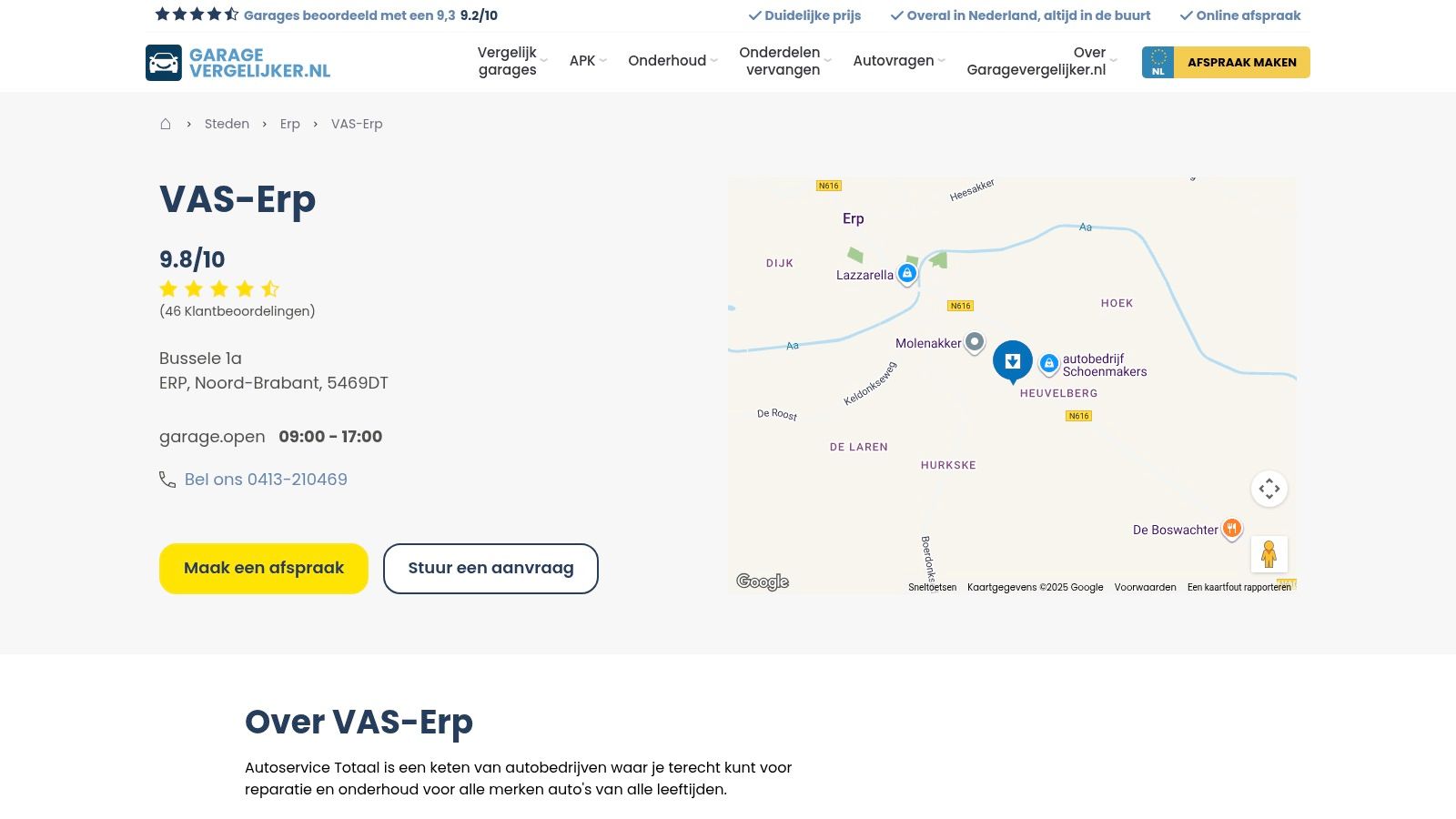 A profile of VAS-Erp on the Garagevergelijker comparison website.