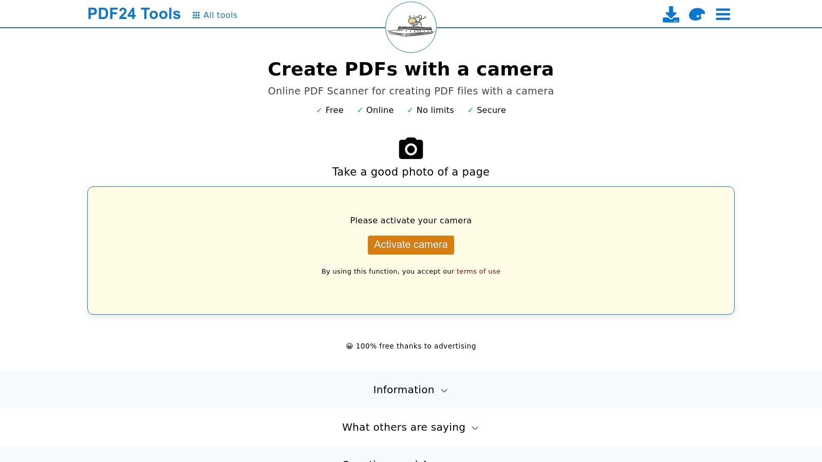 PDF24 Tools – Scan PDF interface showing webcam capture options.