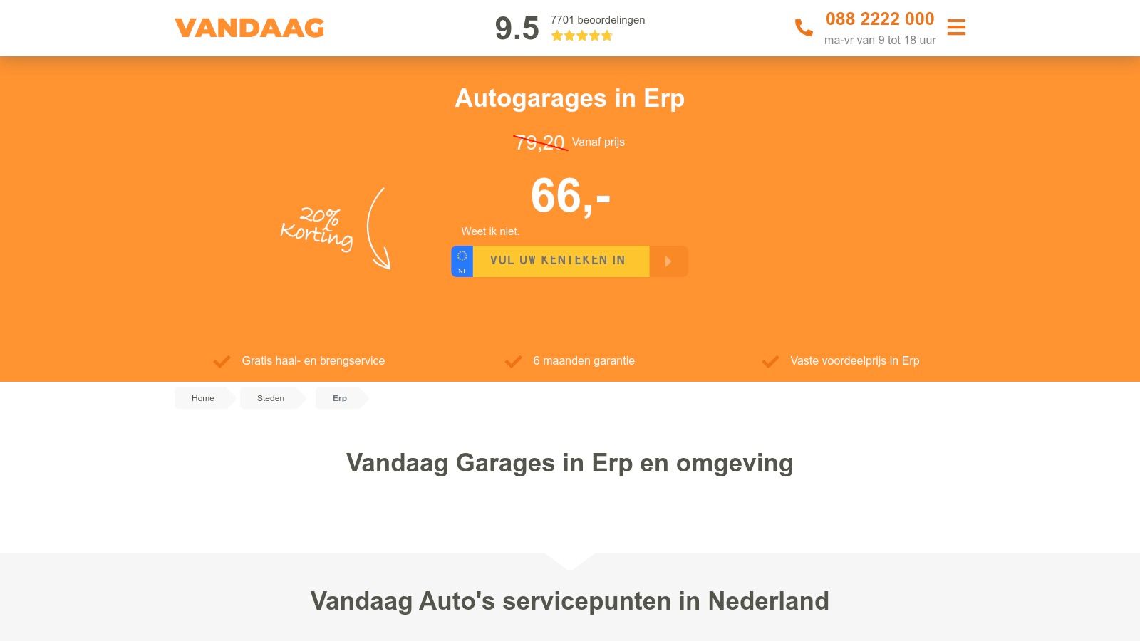A user interface of the Vandaag Auto’s website, showing the process for booking a car service in the Erp area.