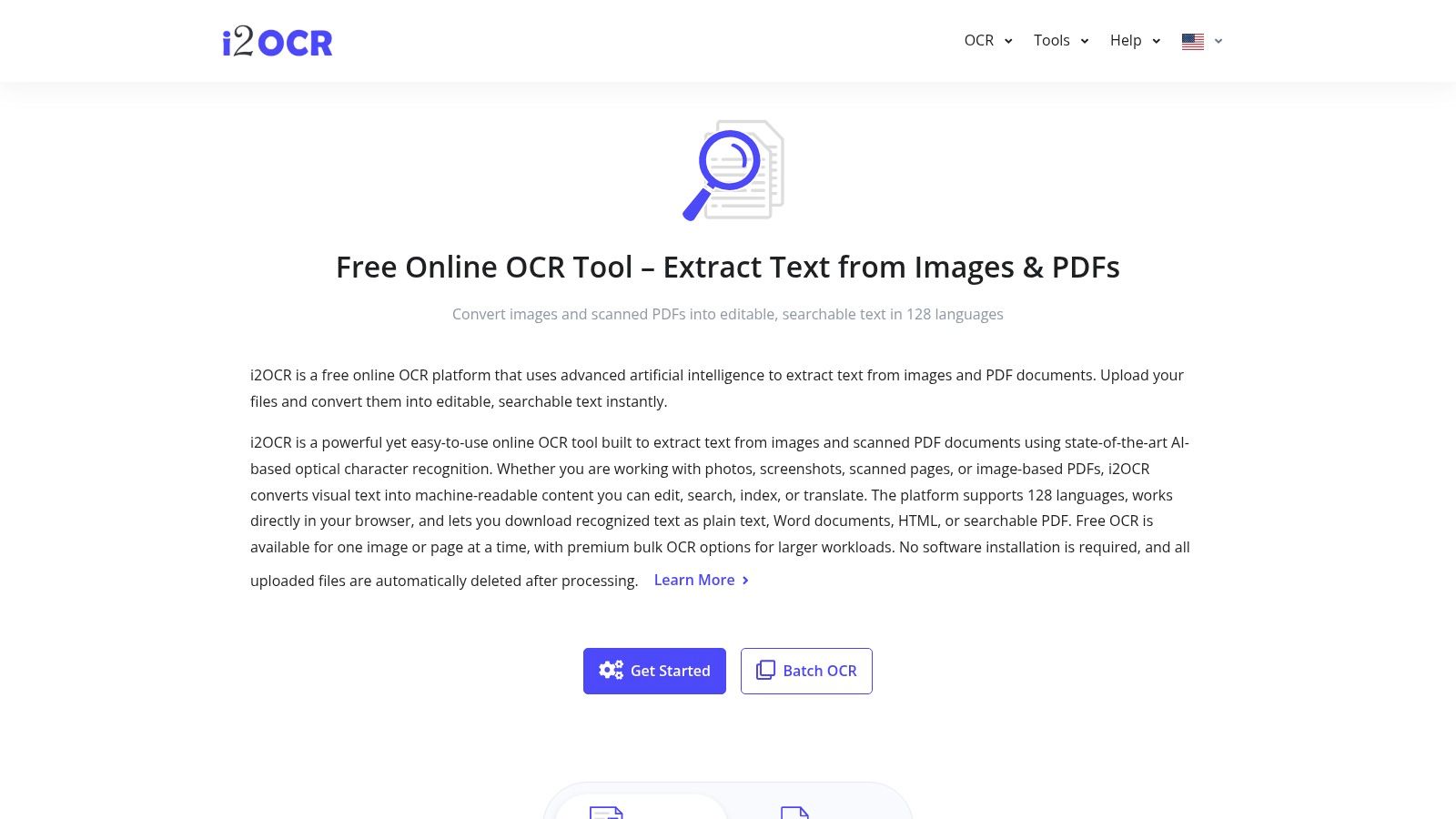 The i2OCR website interface showing options to select a file and language for OCR processing