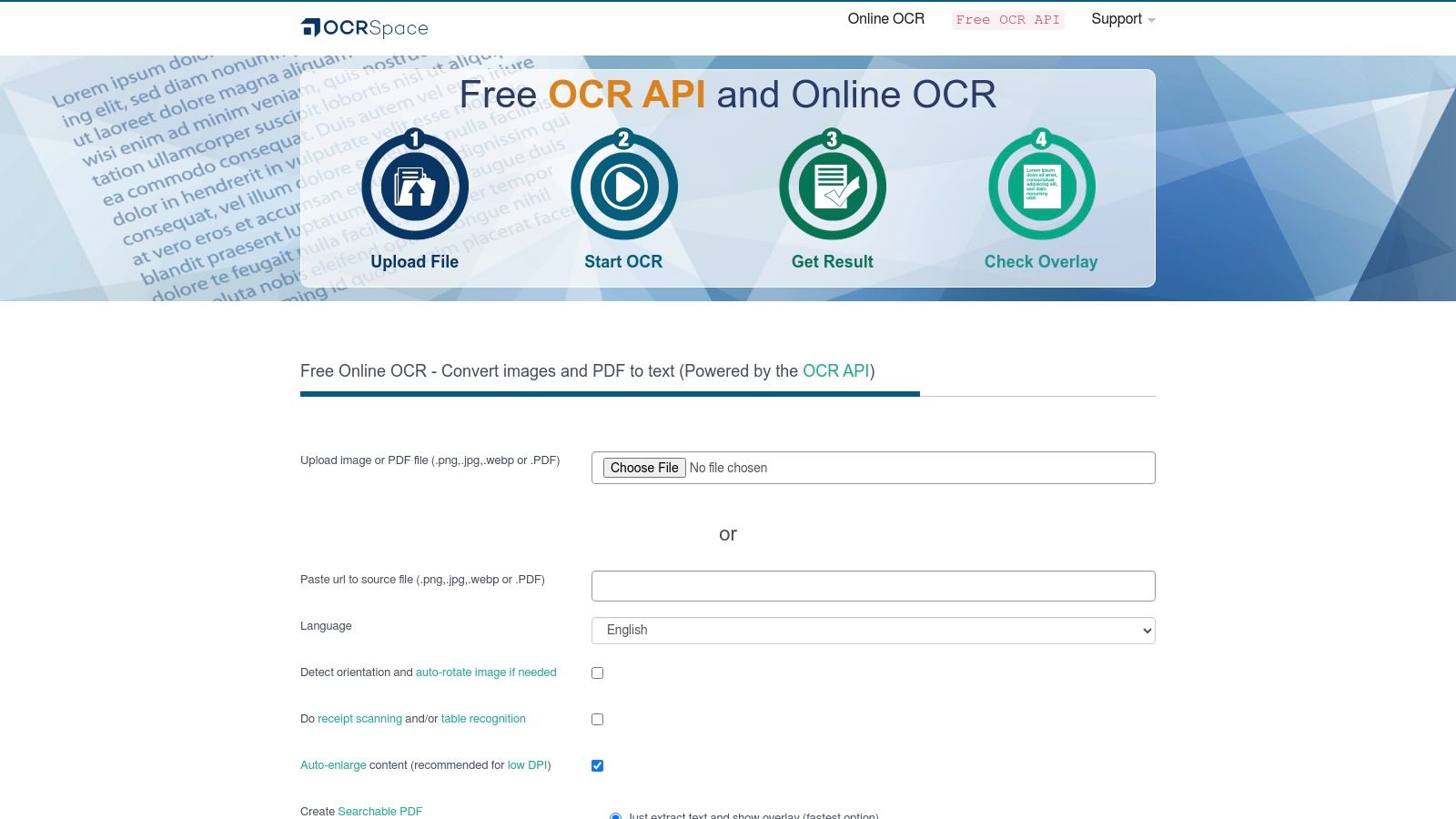 The simple and clean web interface of OCR.space