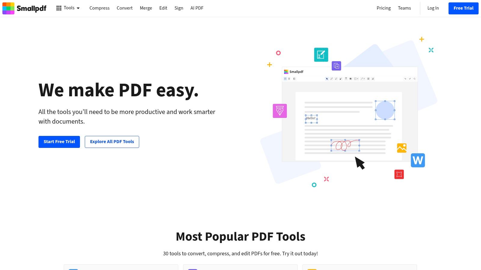 Smallpdf's mobile app interface showing various PDF tools available.