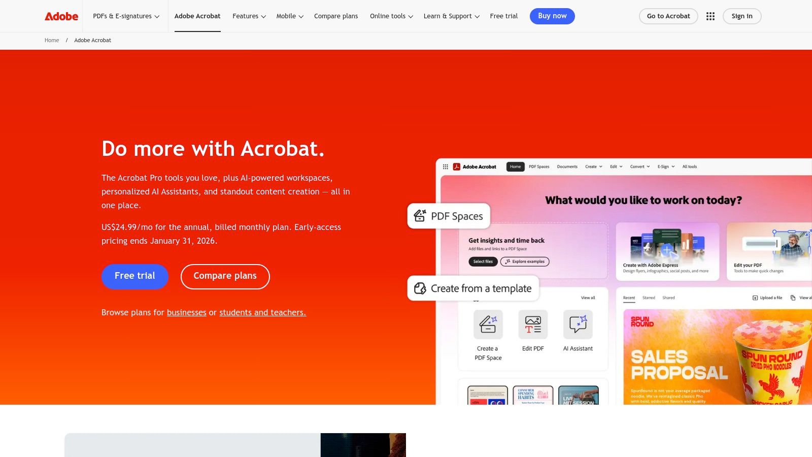 Adobe Acrobat homepage showing its features for creating, editing, and signing PDFs
