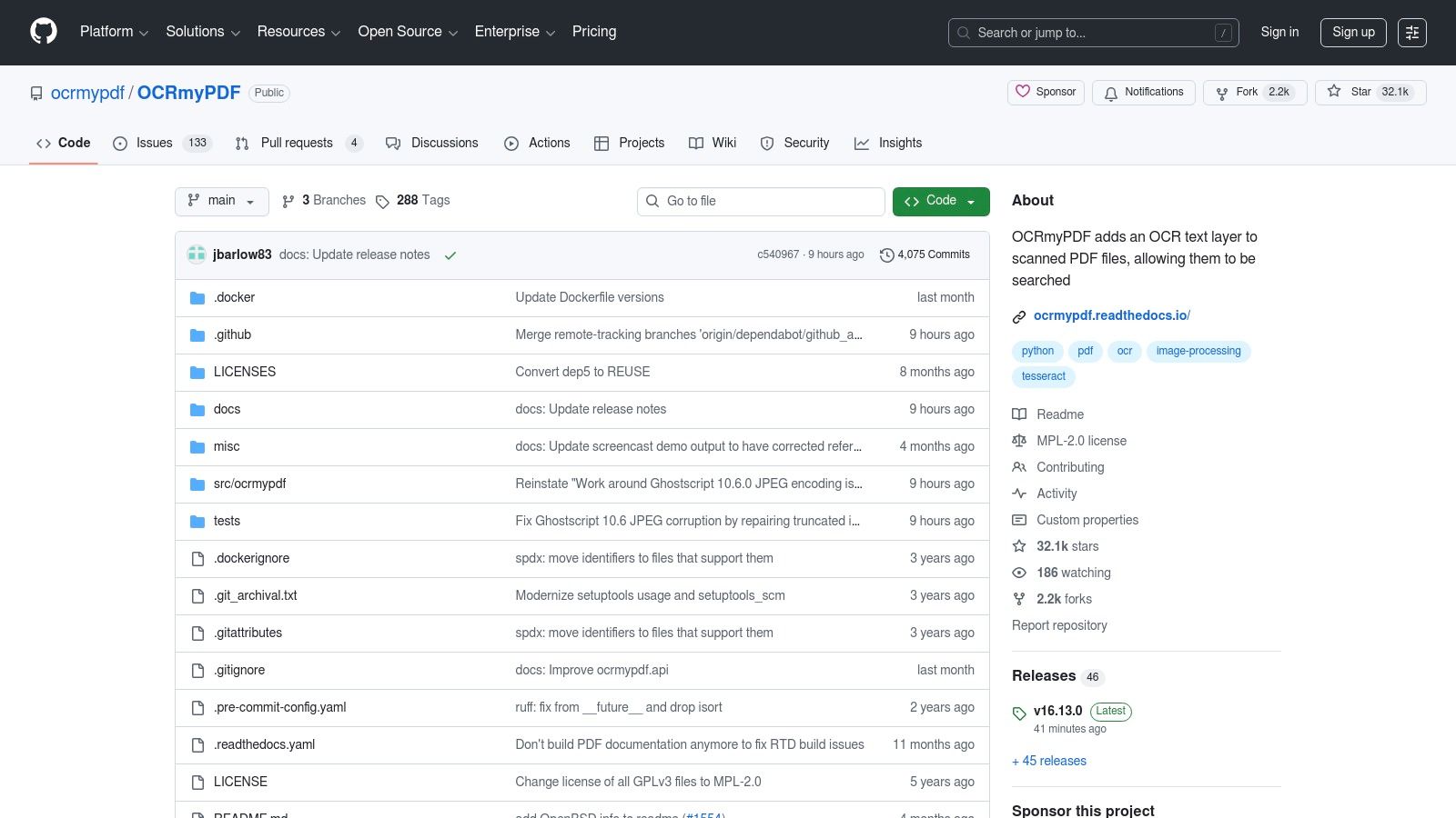 OCRmyPDF GitHub repository page displayed on a laptop screen