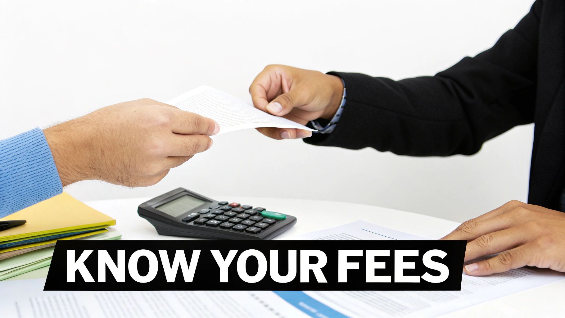 Two hands exchanging a document over a table with a calculator and other papers, emphasizing 'Know Your Fees'.