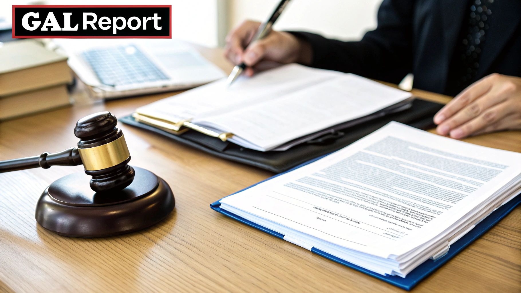 A legal professional writes on documents at a desk with a gavel and papers, featuring a 'GAL Report' logo.