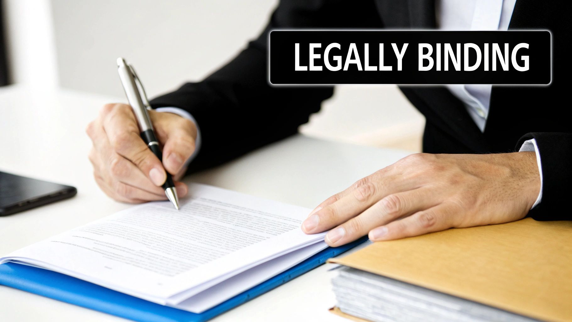 A person in a suit signs a legal document with a pen, text 'LEGALLY BINDING'.