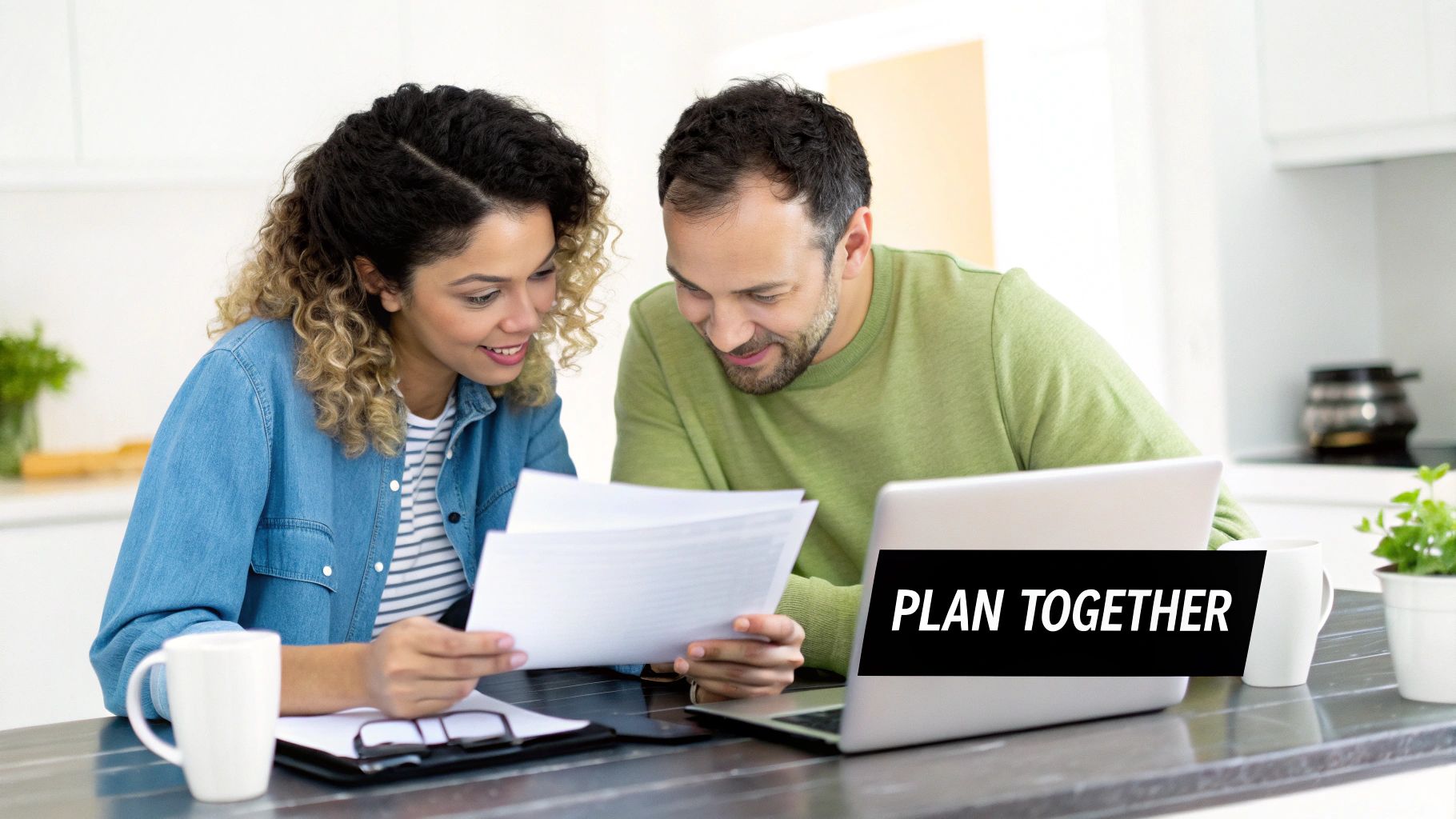 A smiling couple plans their finances together at a table with a laptop and documents.