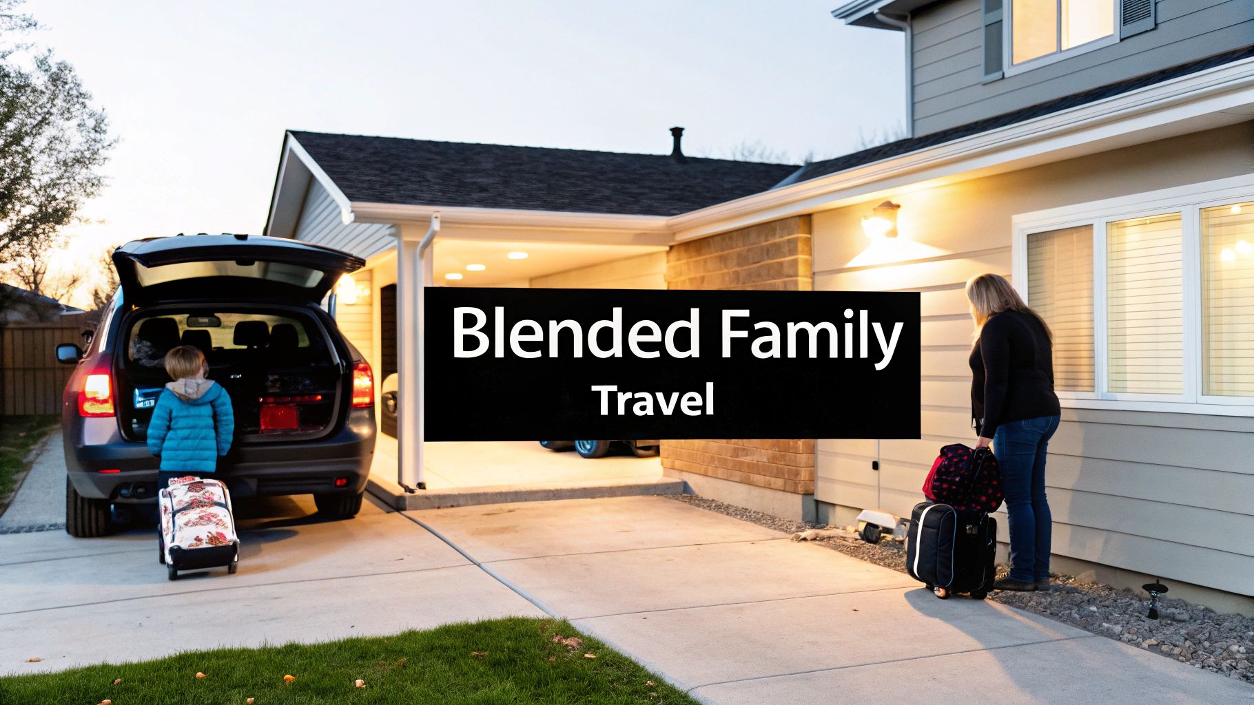 A woman and child with luggage by a car and house, with 'Blended Family Travel' text overlay.