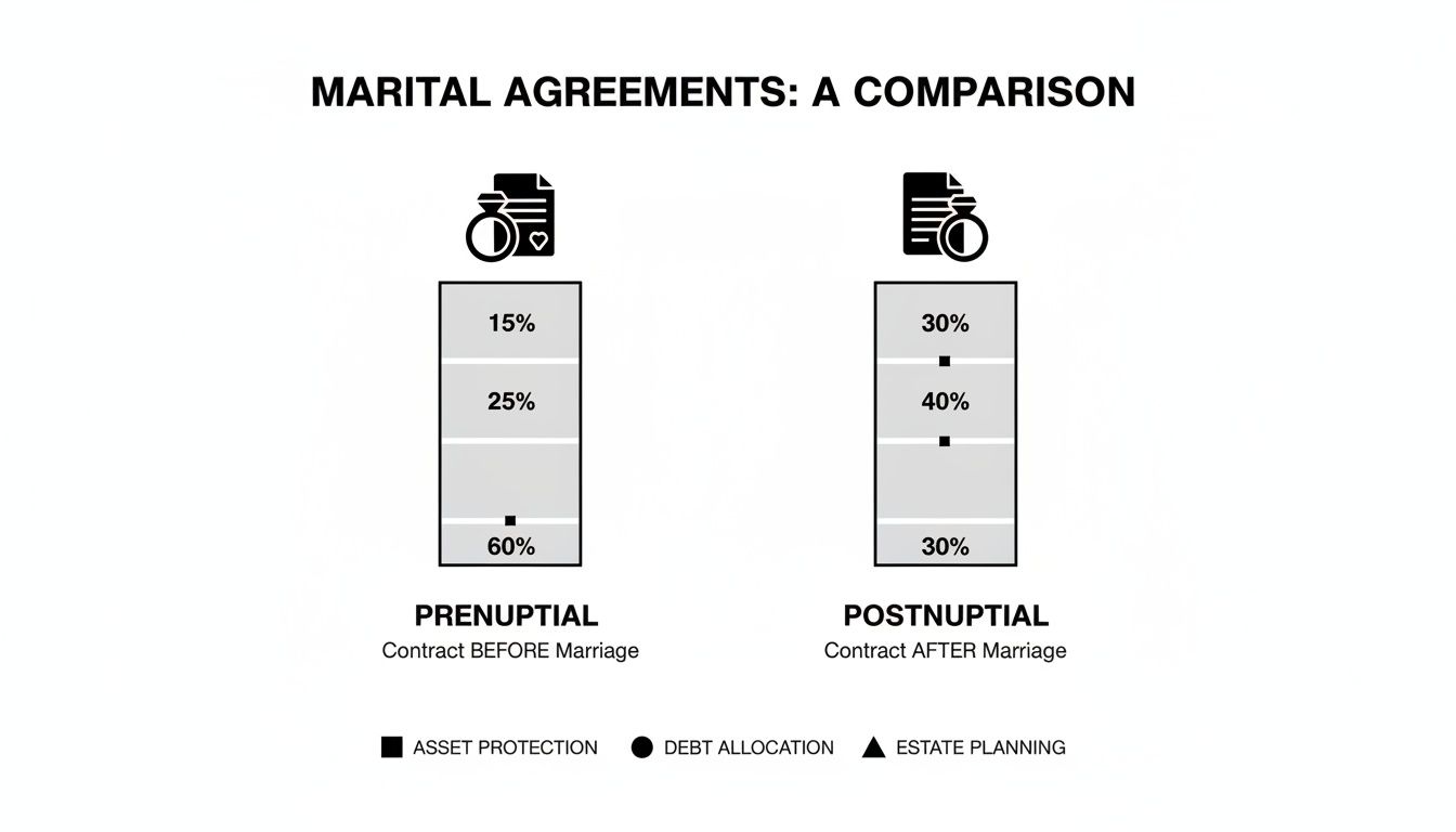 Comparison of prenuptial and postnuptial marital agreements, detailing percentages for asset protection and debt allocation.