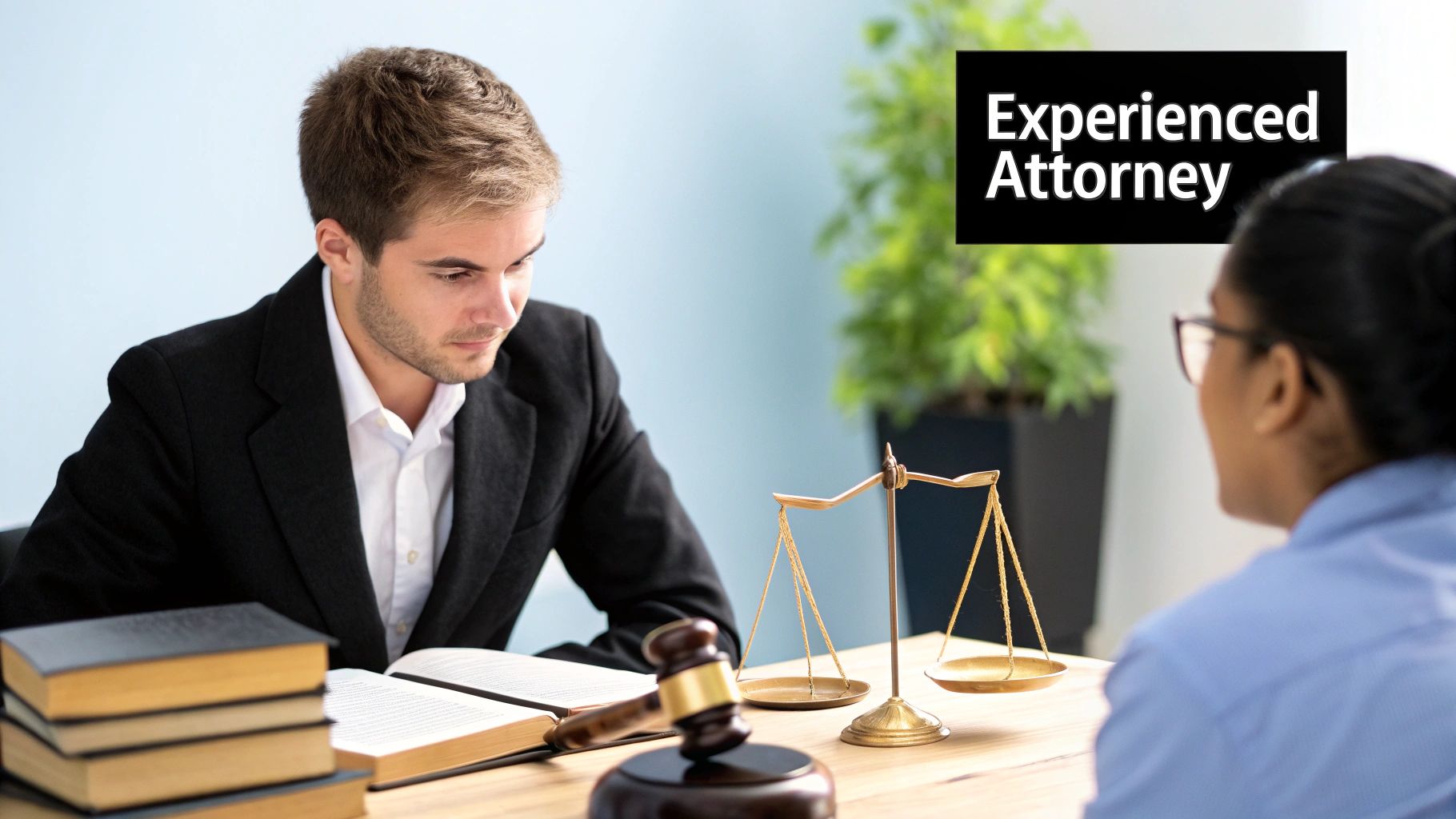 An experienced attorney consults with a client, surrounded by legal books and scales of justice.