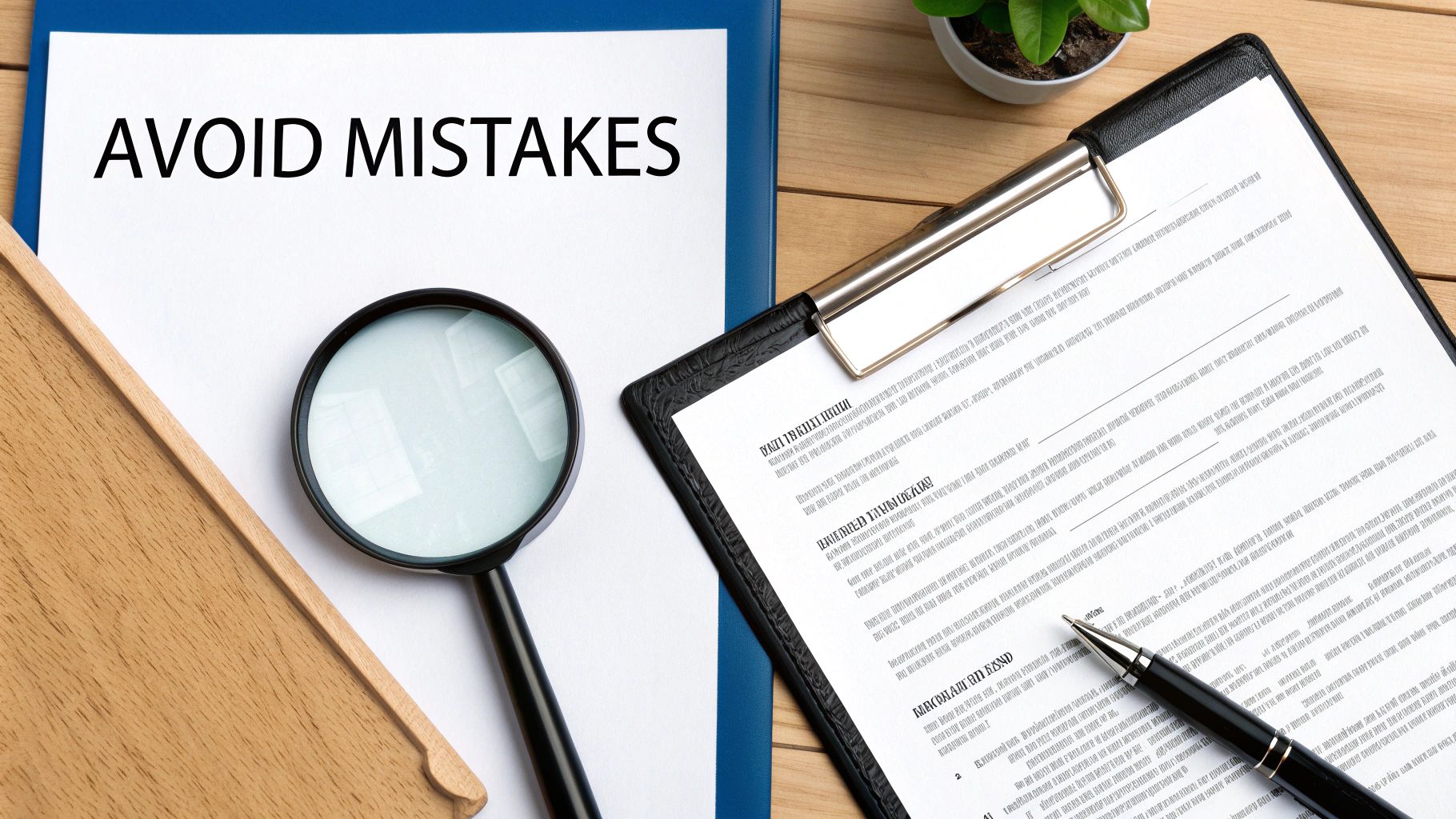 A document titled 'AVOID MISTAKES' with a magnifying glass, next to a clipboard and pen on a desk.
