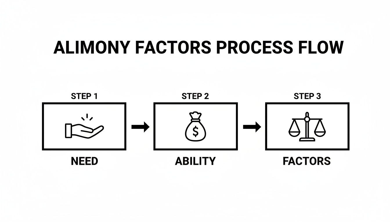 A three-step flow chart illustrating the alimony factors process: Need, Ability, and Factors.