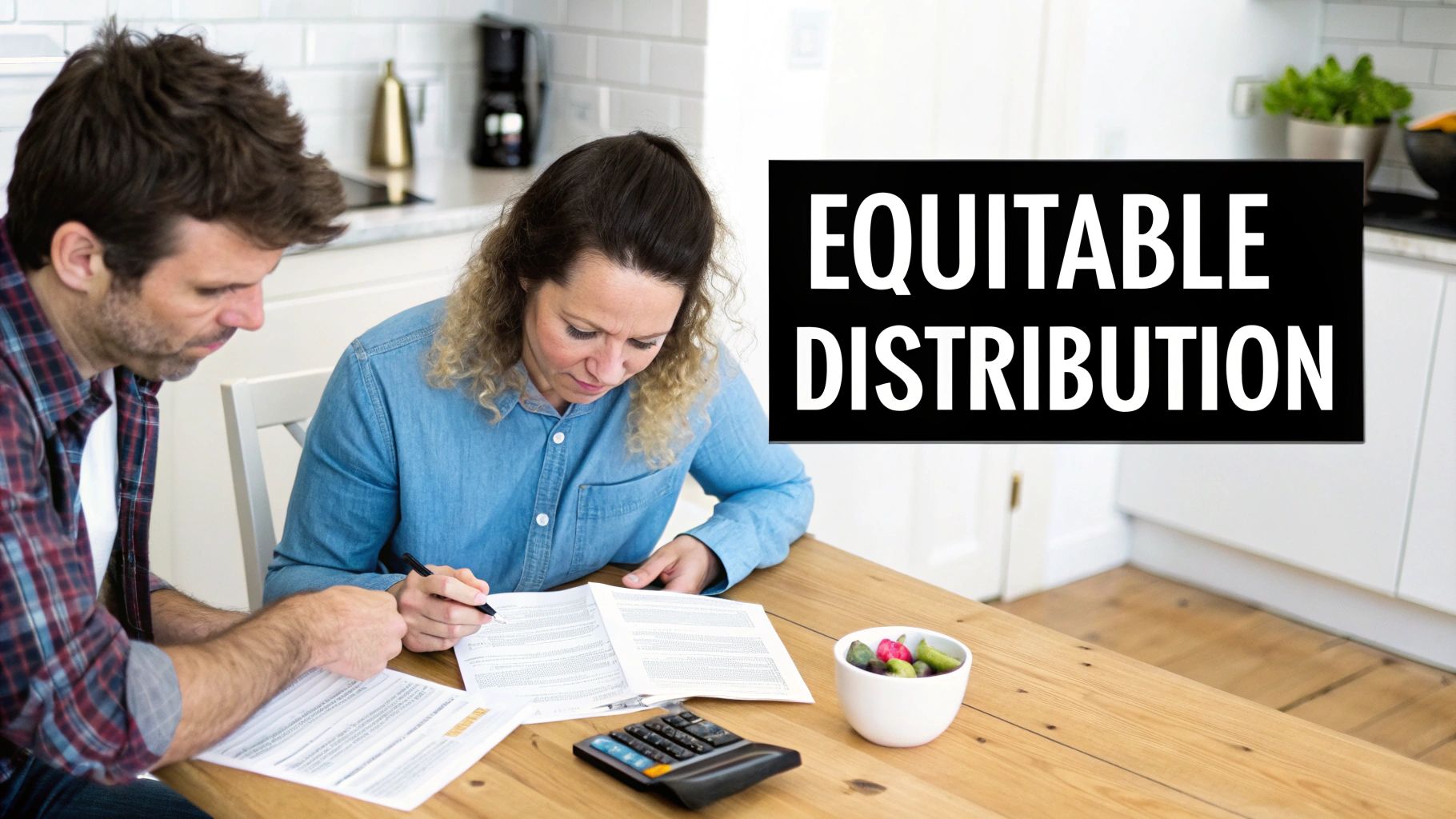 A couple reviews documents at a kitchen table, with “EQUITABLE DISTRIBUTION” text overlaid.
