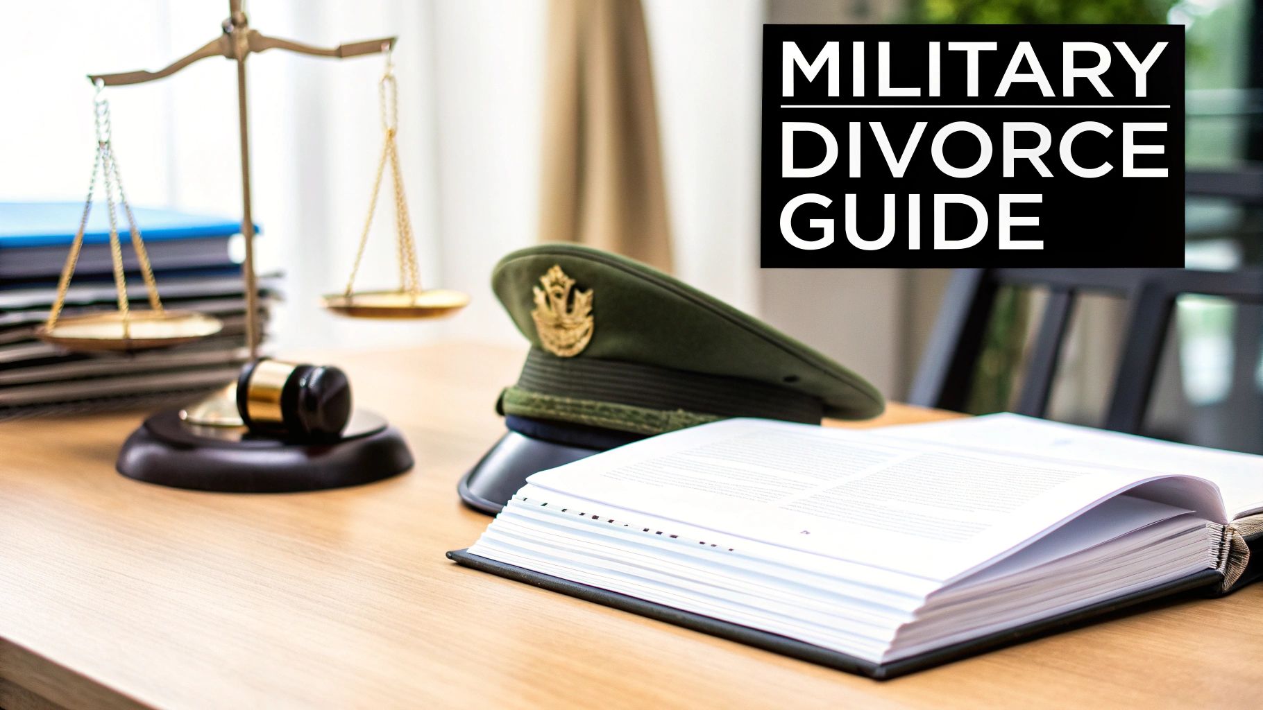 Military cap, scales of justice, gavel, and an open book on a desk for military divorce guidance.