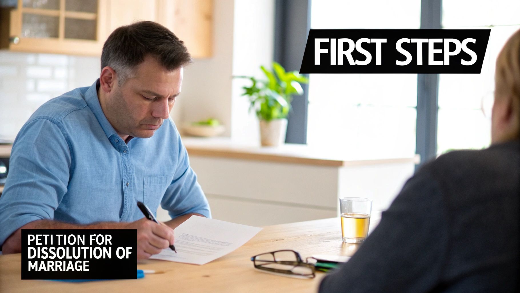 A man intently signs a 'Petition for Dissolution of Marriage' document, representing first steps in a divorce process.