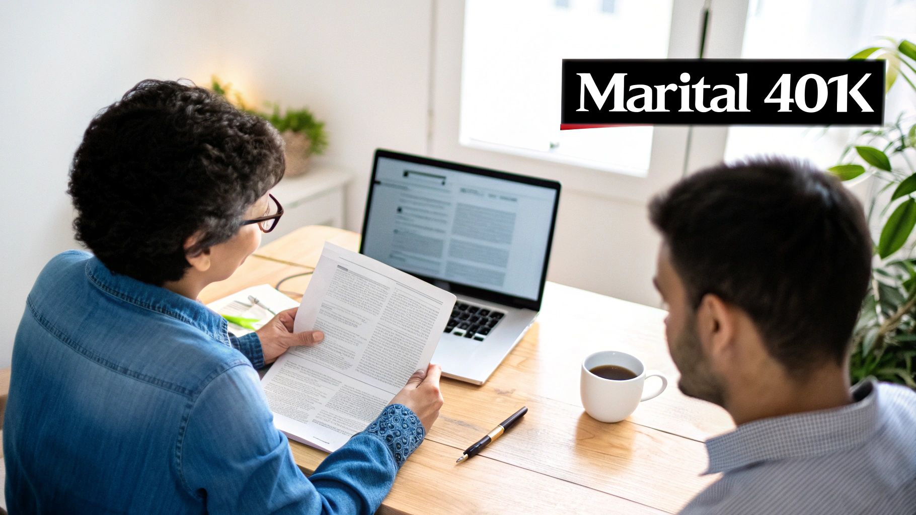 A couple reviews documents and a laptop, discussing their marital 401K and financial future.