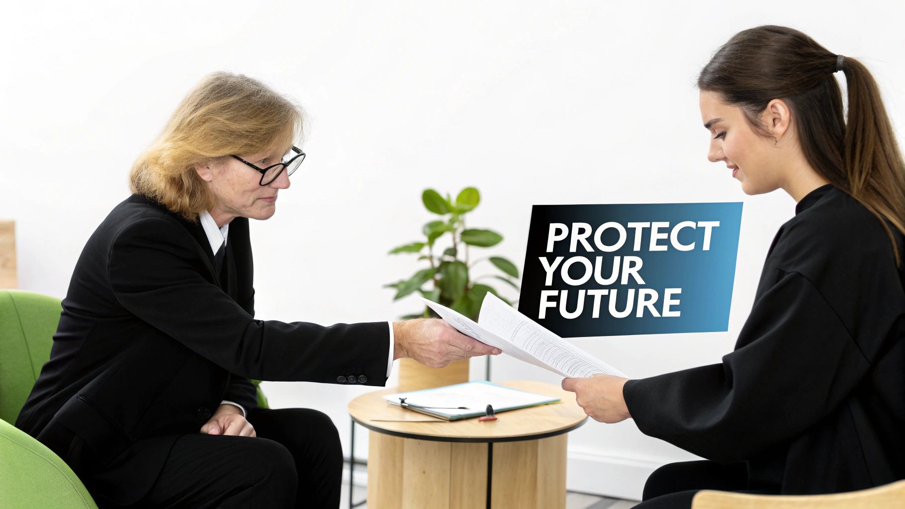 Two women exchanging documents in an office, with a 'PROTECT YOUR FUTURE' overlay.