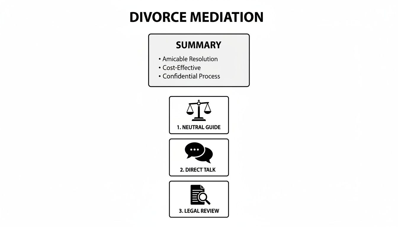 Infographic outlining divorce mediation benefits (amicable, cost-effective, confidential) and steps (neutral guide, direct talk, legal review).