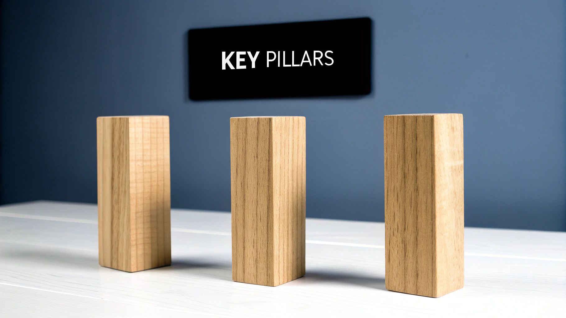 Three wooden blocks stand on a white table under a 'KEY PILLARS' sign on a blue wall.