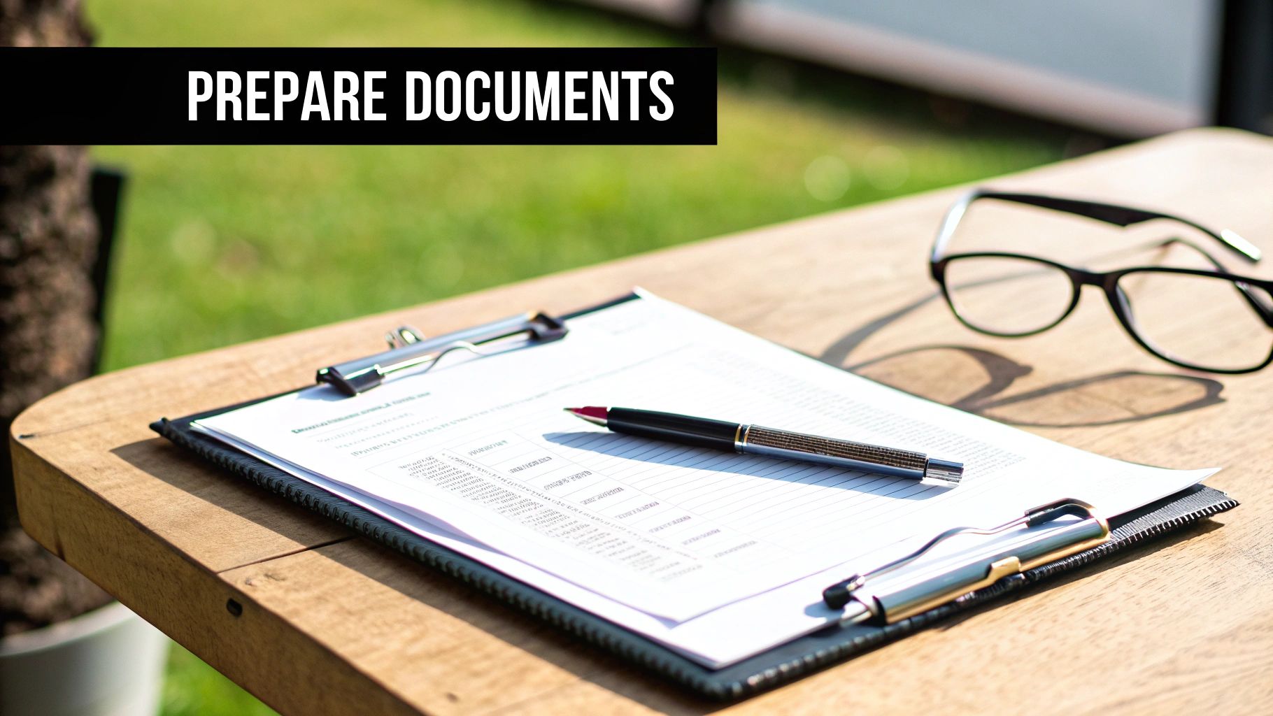 A clipboard with documents, a pen, and reading glasses on a wooden table, suggesting document preparation.