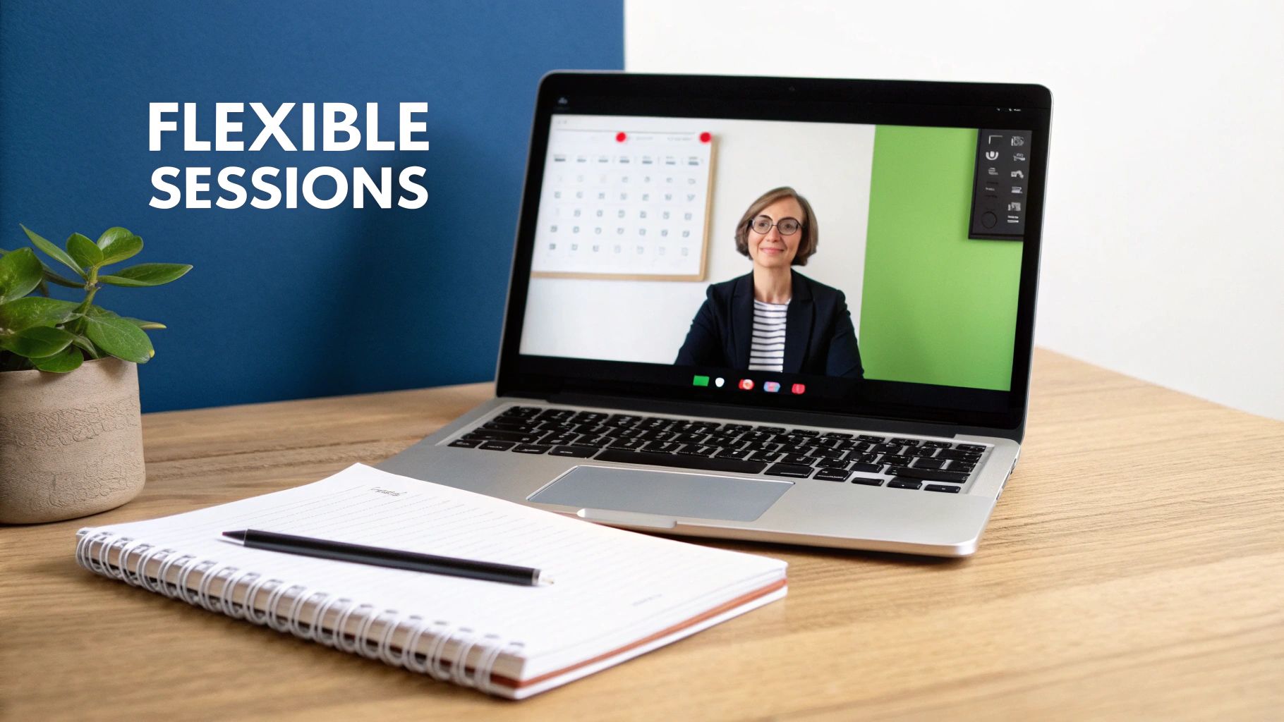 A laptop displaying a video call with a woman, a notebook, and a plant on a wooden desk for flexible sessions.