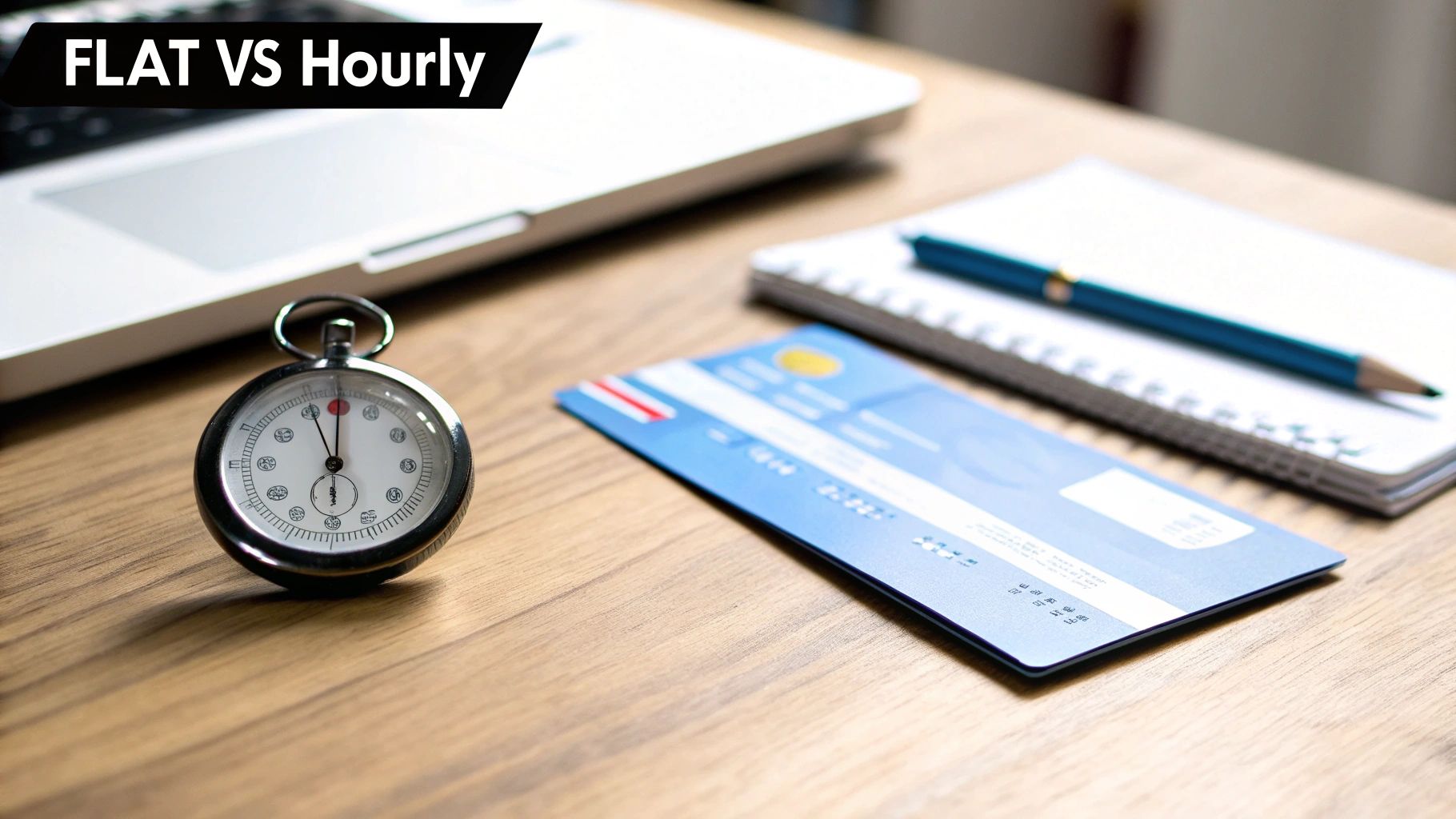 A desk with a stopwatch, credit card, and laptop, illustrating 'Flat vs Hourly' pricing.