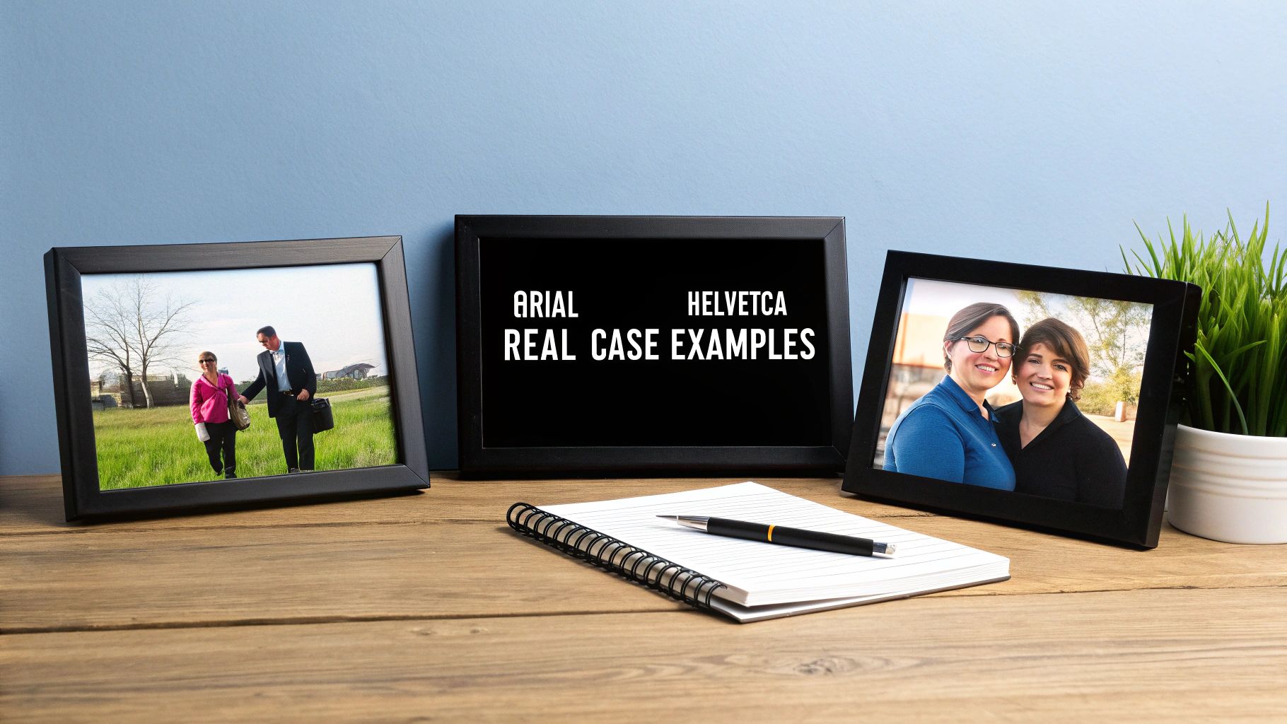 Three black photo frames on a wooden desk, one displaying 'ARIAL HELVETCA REAL CASE EXAMPLES'.