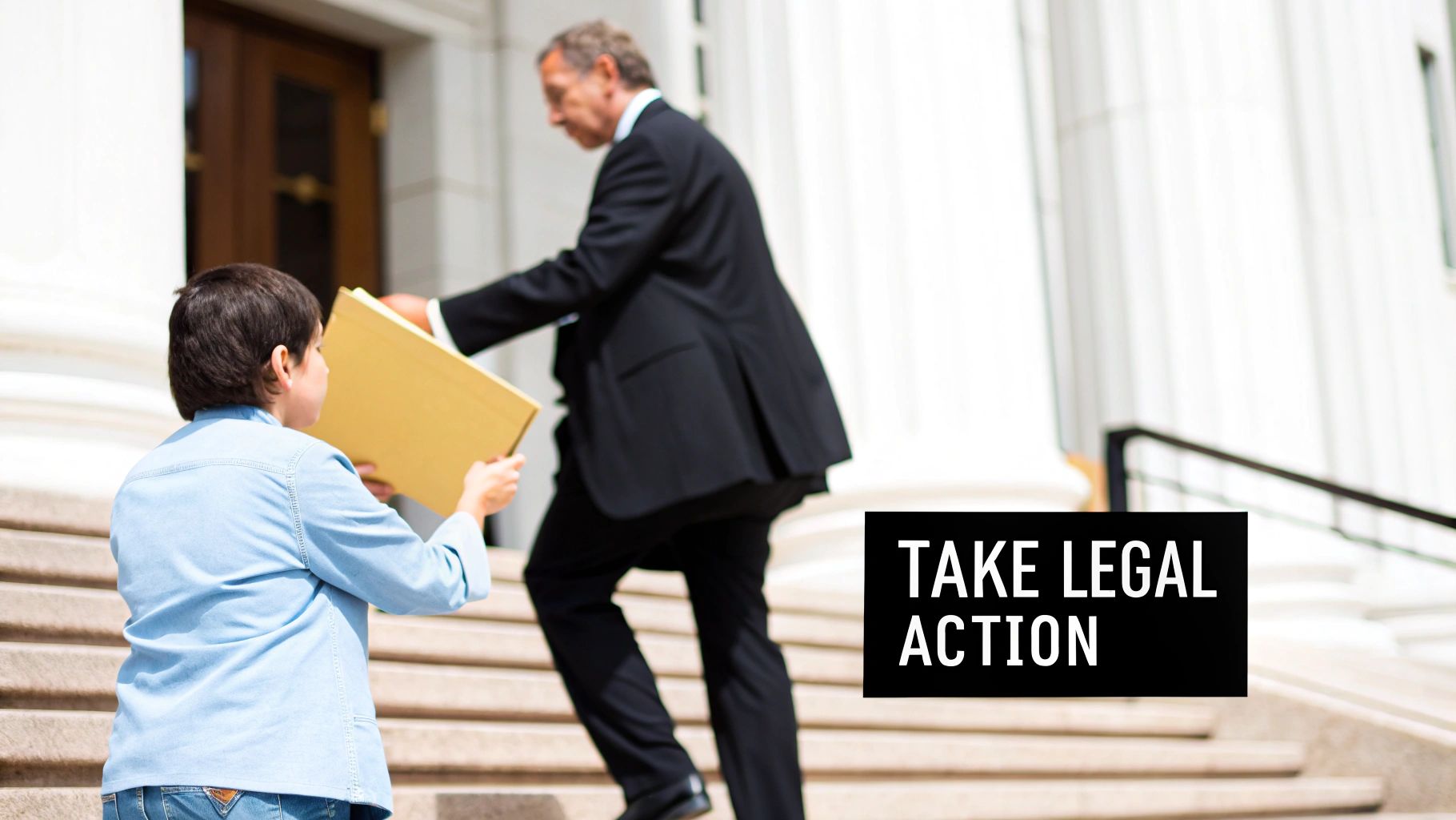 A young person hands documents to a man in a suit on courthouse steps, symbolizing legal action.