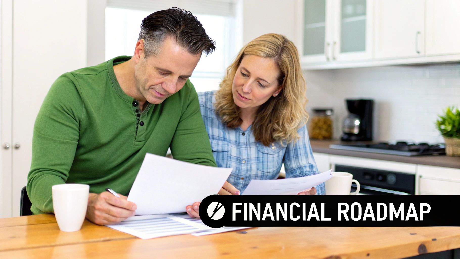 A couple reviewing financial documents at a kitchen table, overlaid with 'FINANCIAL ROADMAP' text.