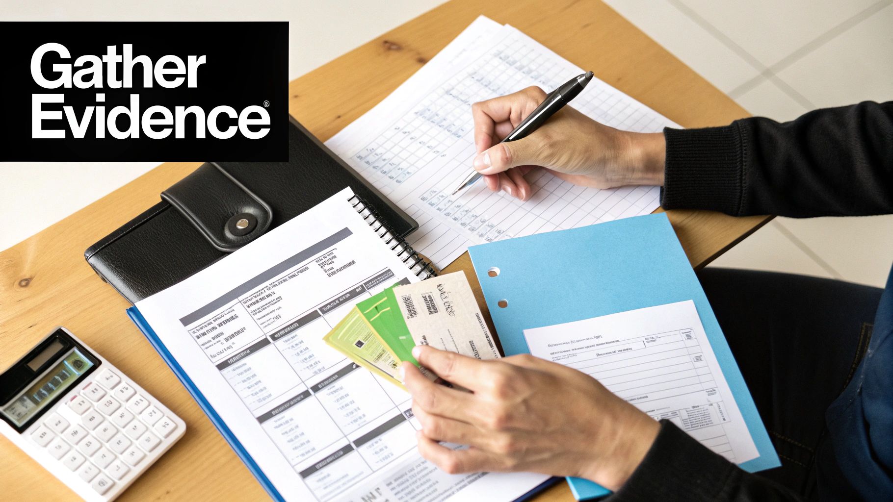 A person gathers evidence, writing on papers and holding cards, surrounded by documents and a calculator.