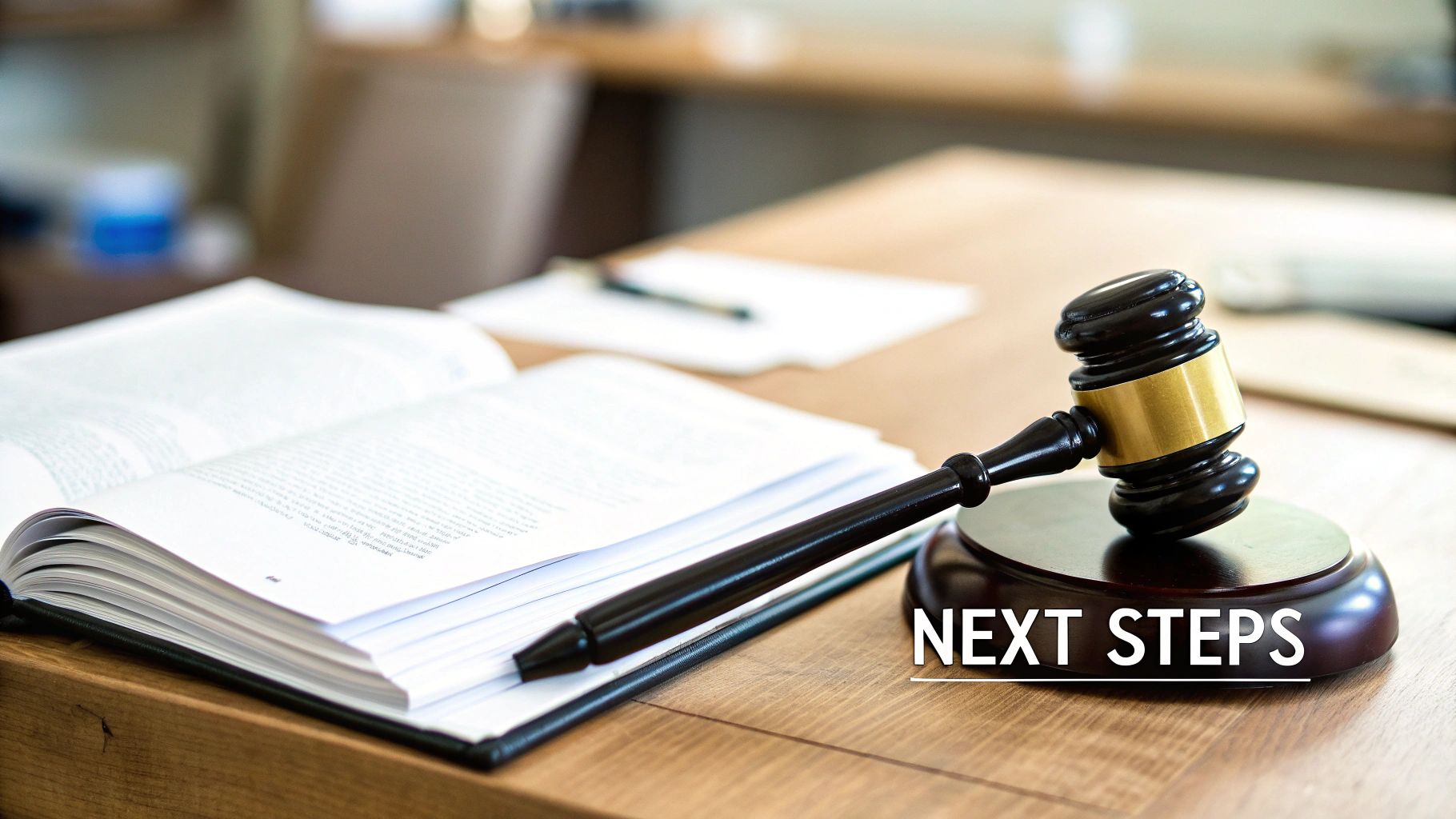 A judge's gavel and an open law book on a wooden desk, with 'NEXT STEPS' text.