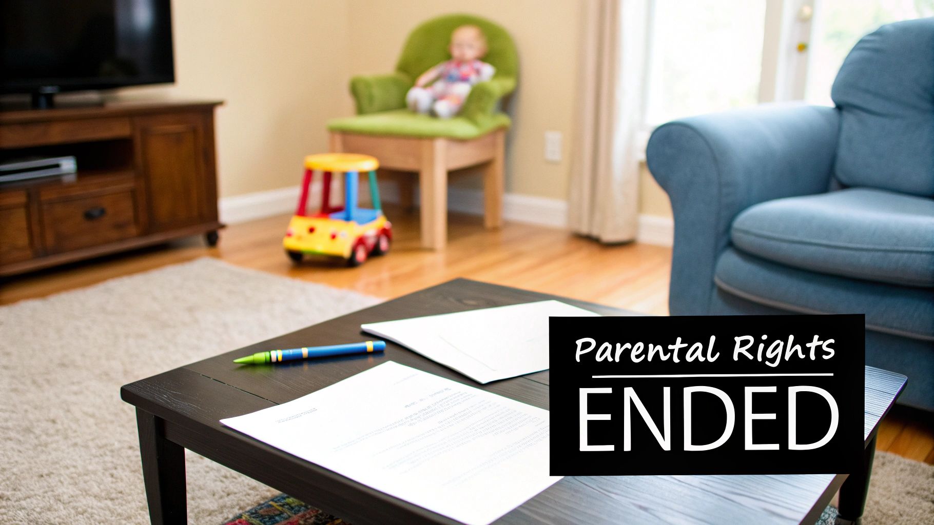 Legal documents and a pen on a coffee table, with a baby's chair in the background, signifying parental rights ending.