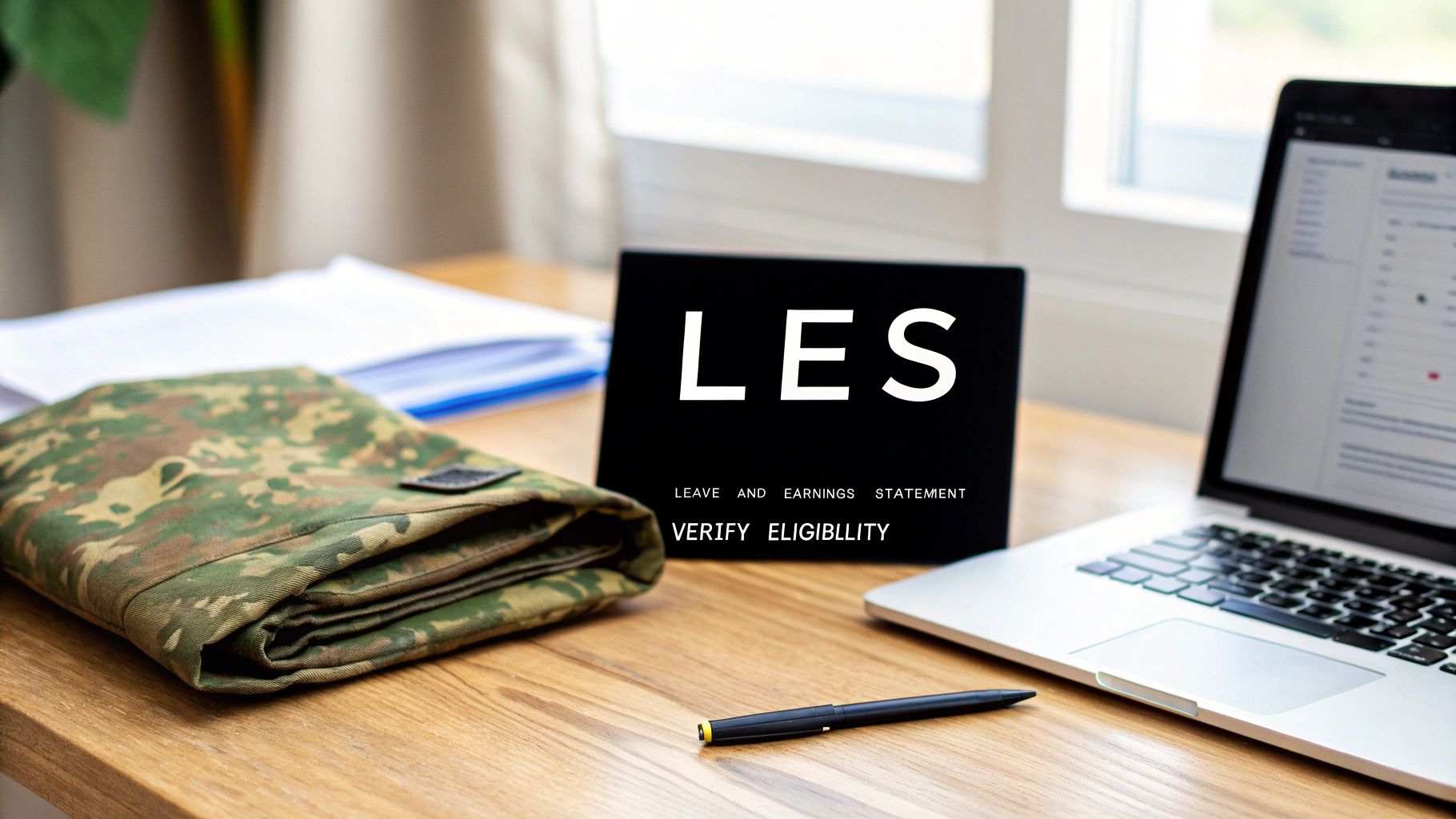 A folded military uniform, a LES statement sign, laptop, and pen on a wooden desk.