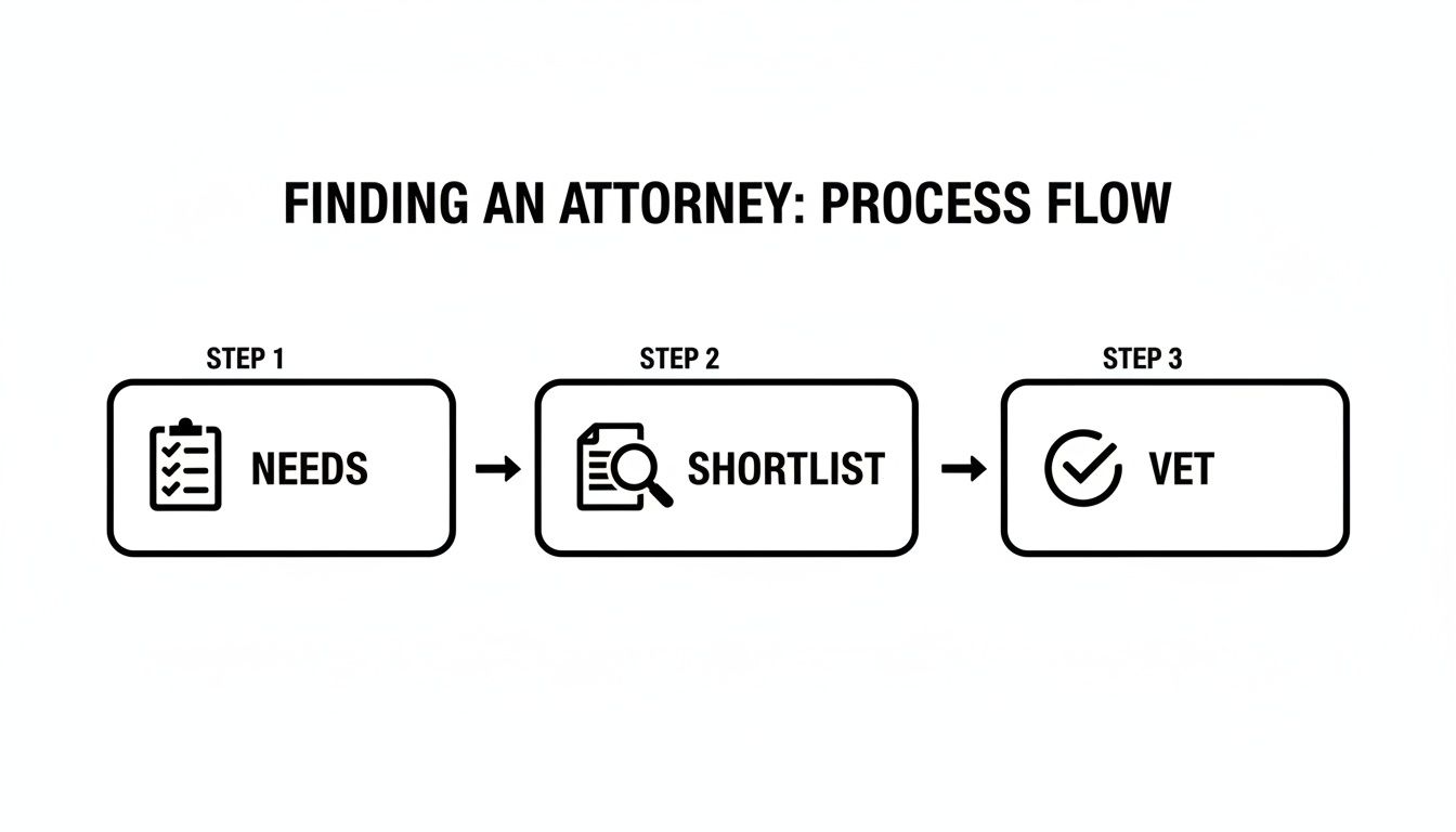 A process flow diagram detailing three steps to finding an attorney: Needs, Shortlist, and Vet.