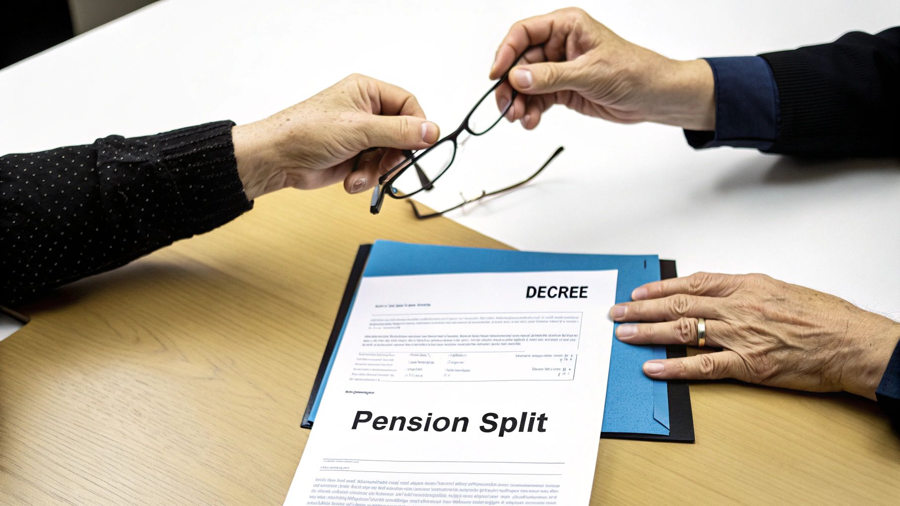 Hands exchange glasses over a 'Pension Split' divorce decree document.