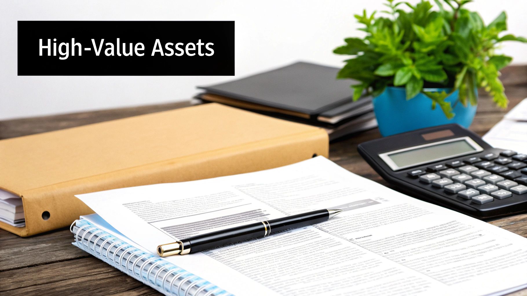 A desk with financial documents, a calculator, a pen, and a plant, with 'High-Value Assets' text.